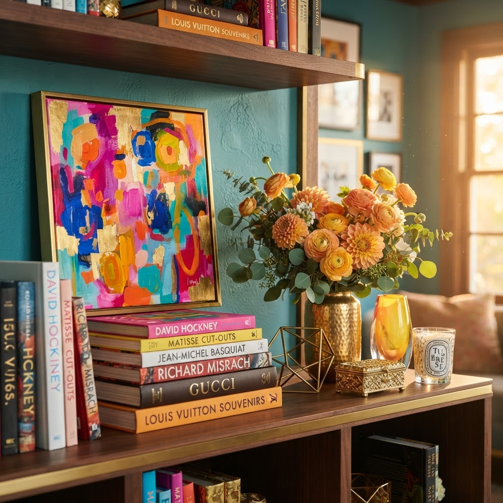 A curated colourful luxury interior vignette with art, books and flowers